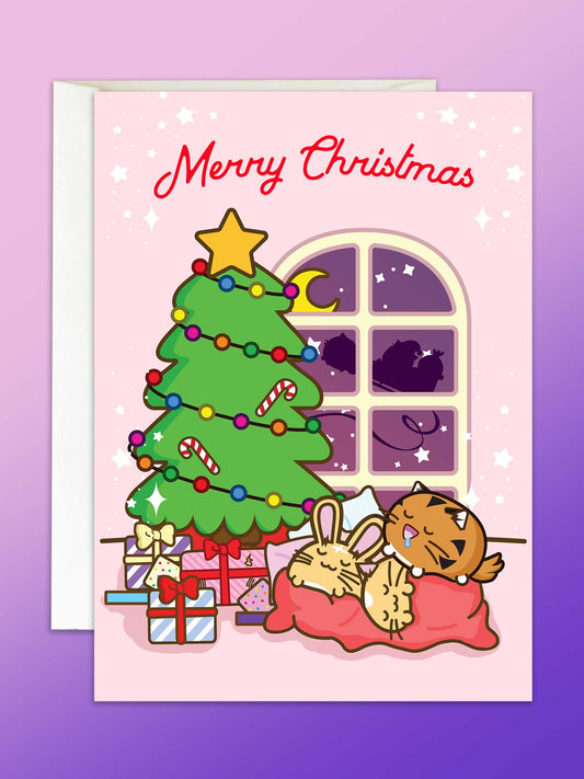 Merry Christmas Fuzzballs Asleep on Christmas Eve Card