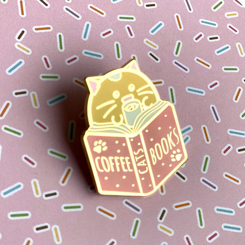 Cats, Coffee and Books Enamel Pin
